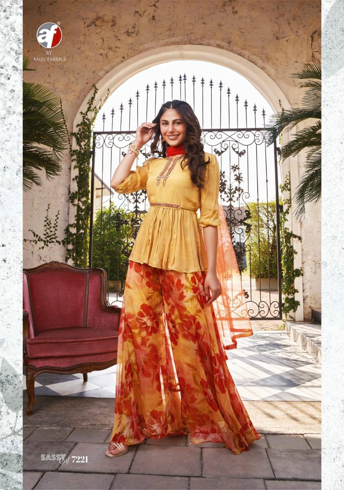 Sassy girl vol-3 by Anu fabrics 7221 TO 7226 SERIES Indian PURE CHINON CHIFFON party wear designer kurti with palazo At Wholesale Price